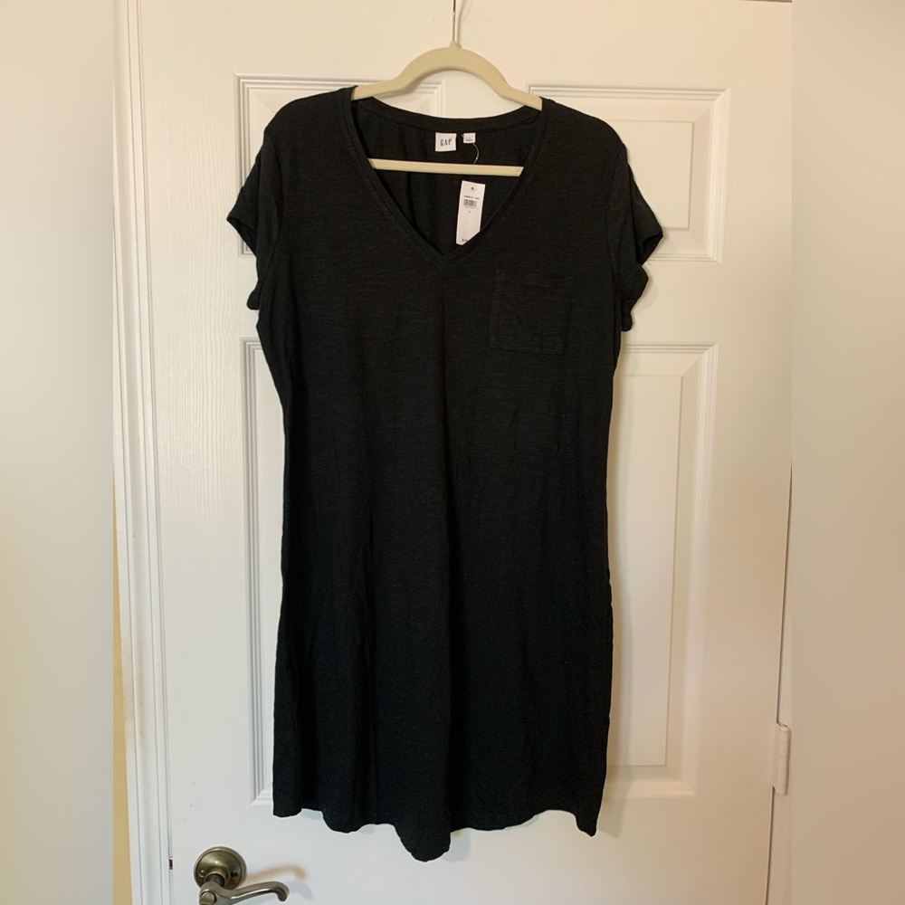 NWT‎ GAP Black V-Neck Short Sleeve Midi Dress Size Large Casual Feminine